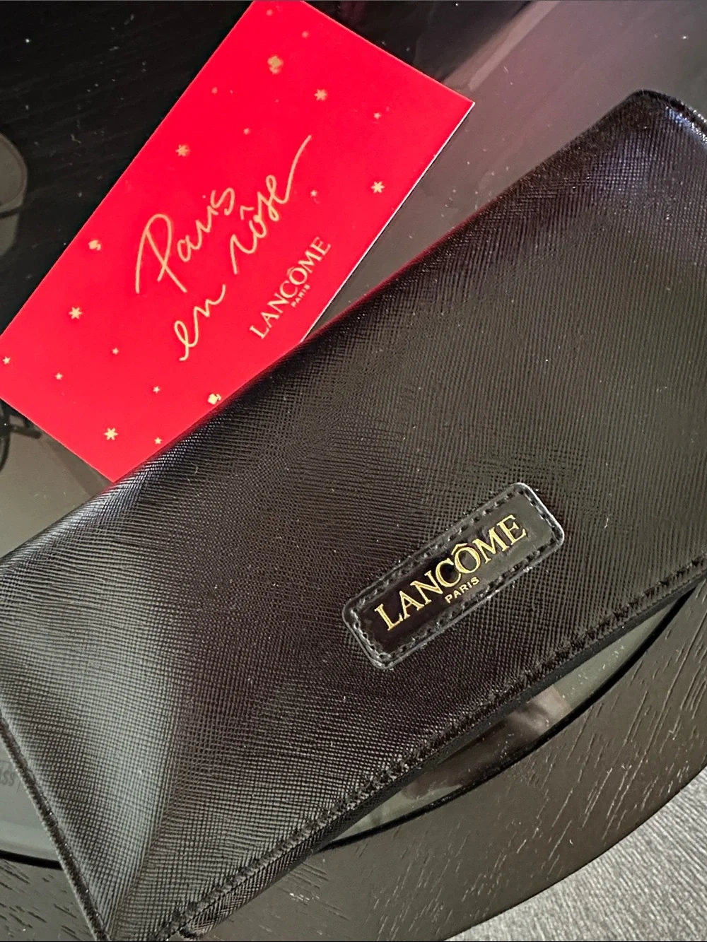 Lancôme Black Faux-Leather Makeup Pouch with Gold Logo
